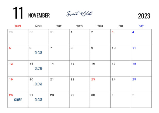 11月定休日のお知らせ
