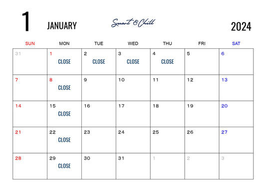 １月定休日、年末年始休業のお知らせ