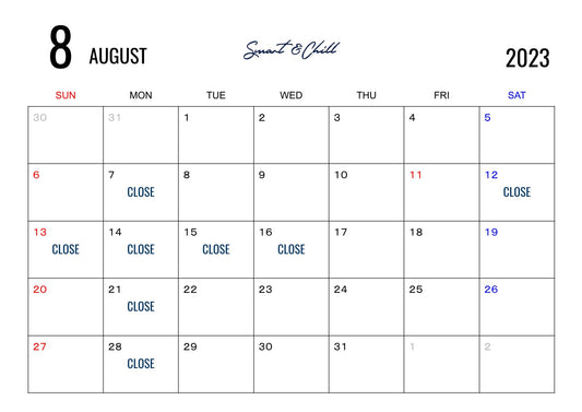 ８月定休日のお知らせ