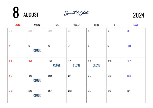 8月度定休日のお知らせ