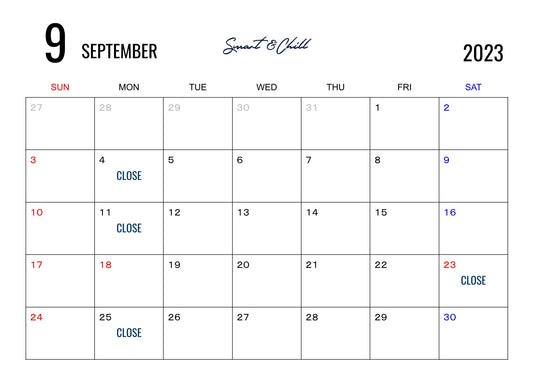 ９月定休日のお知らせ