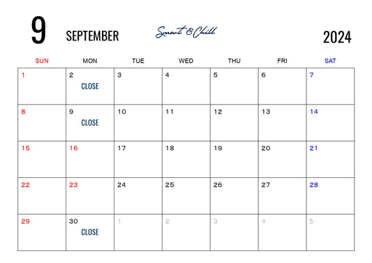 9月度定休日のお知らせ