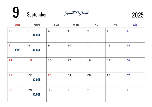 9月度定休日のお知らせ