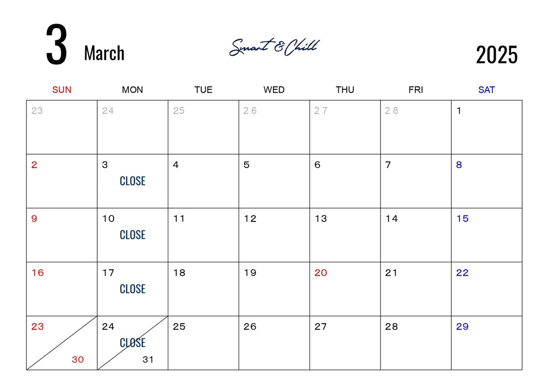 3月度定休日のお知らせ
