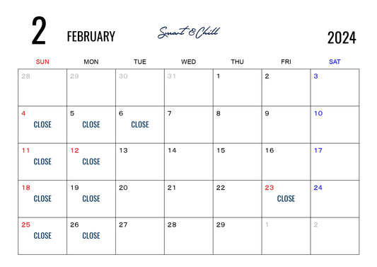 ２月定休日のお知らせ